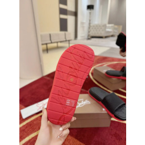 Christian Louboutin Black Mesh Logo Slide Sandals Red Rubber Outsole