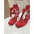 Christian Louboutin Red Satin Ankle‑Tie Bow Kitten Heel Pumps