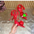 Christian Louboutin Red Satin Multicolor Fabric Flower 100mm Stiletto Heel Slingback Pumps