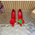 Christian Louboutin Red Satin Multicolor Fabric Flower 100mm Stiletto Heel Pumps