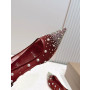 Christian Louboutin Burgundy Mesh Crystal Pearl Embellished Pointed‑Toe Flat Shoes